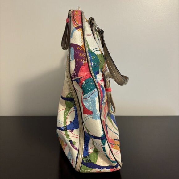 Coach Poppy Colorful Signature Canvas Hallie East/West Taupe Patent Leather Tote - Picture 6 of 14